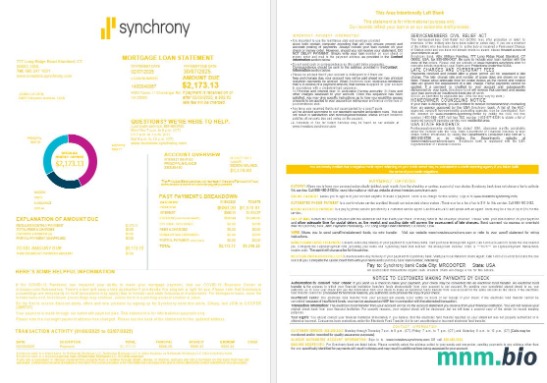 USA Synchrony Bank wyciąg z kredytu hipotecznego w formatach Word i PDF, 4 strony 1-2